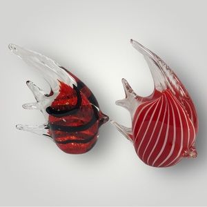 Vinci VTG Hand Fused Set Of 2 Glass Angelfish Decorative Paperweights Red